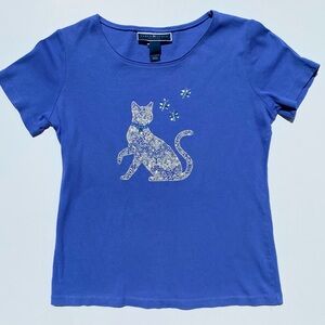 Karen Scott silver cat embellished t-shirt Women's Small petite Grandma Cat Top